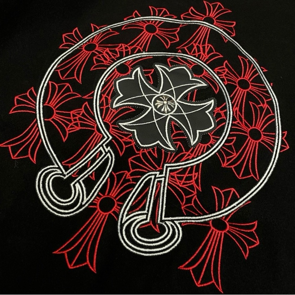 Chrome Hearts Black Leather-Sleeve Varsity Jacket with Red Embroidered Crest - Picture 5 of 7